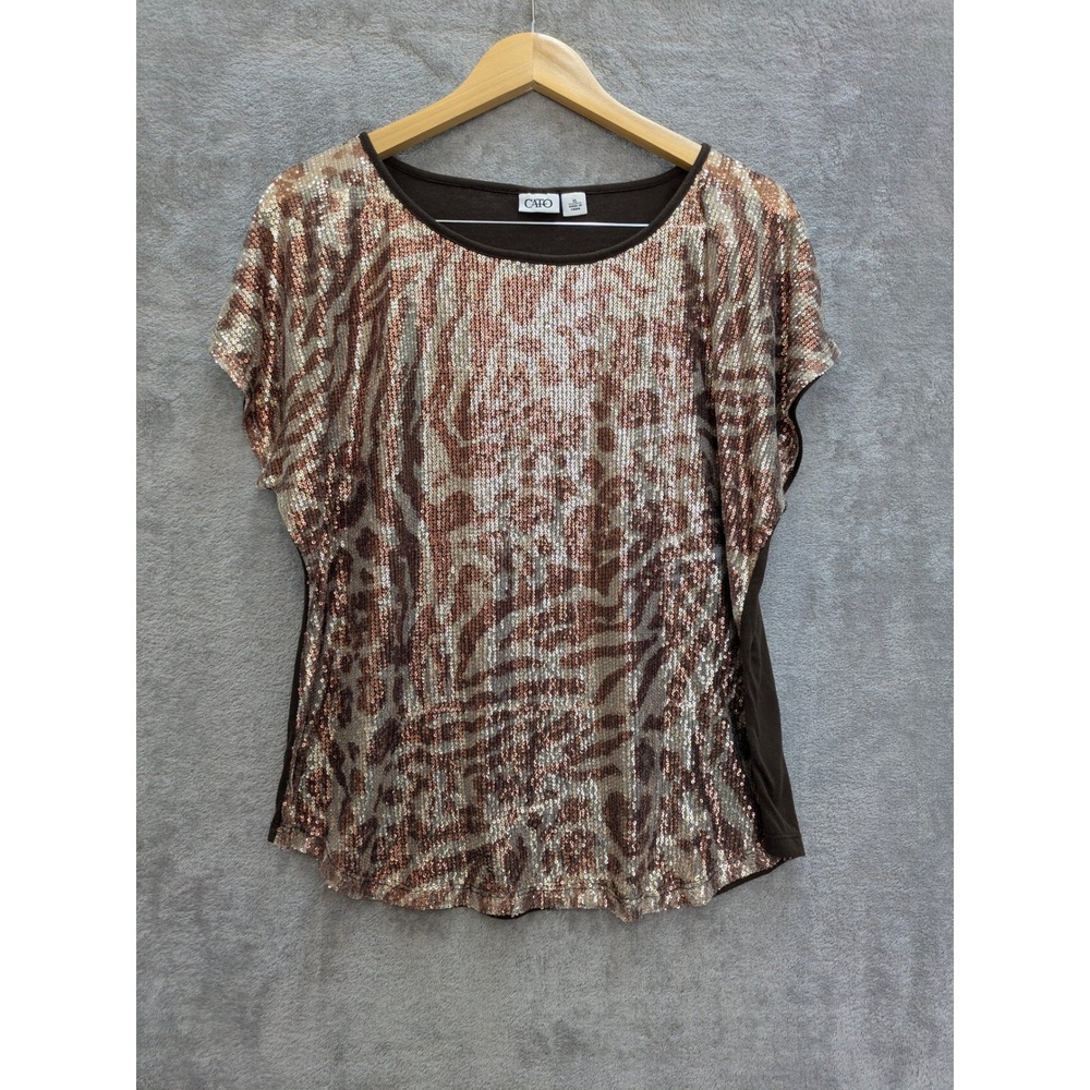 Glam Sequin Animal Print Top Womens XL Brown Bronze Short Sleeve Cato